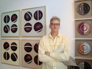 me at the Morean. The "Rotational Series" (on left) is technically not a cutout but it belongs with them. The circles are quasi-cutout as they are rendered in oil paint over acrylic enamel fields, and look as though they are cut and pasted.